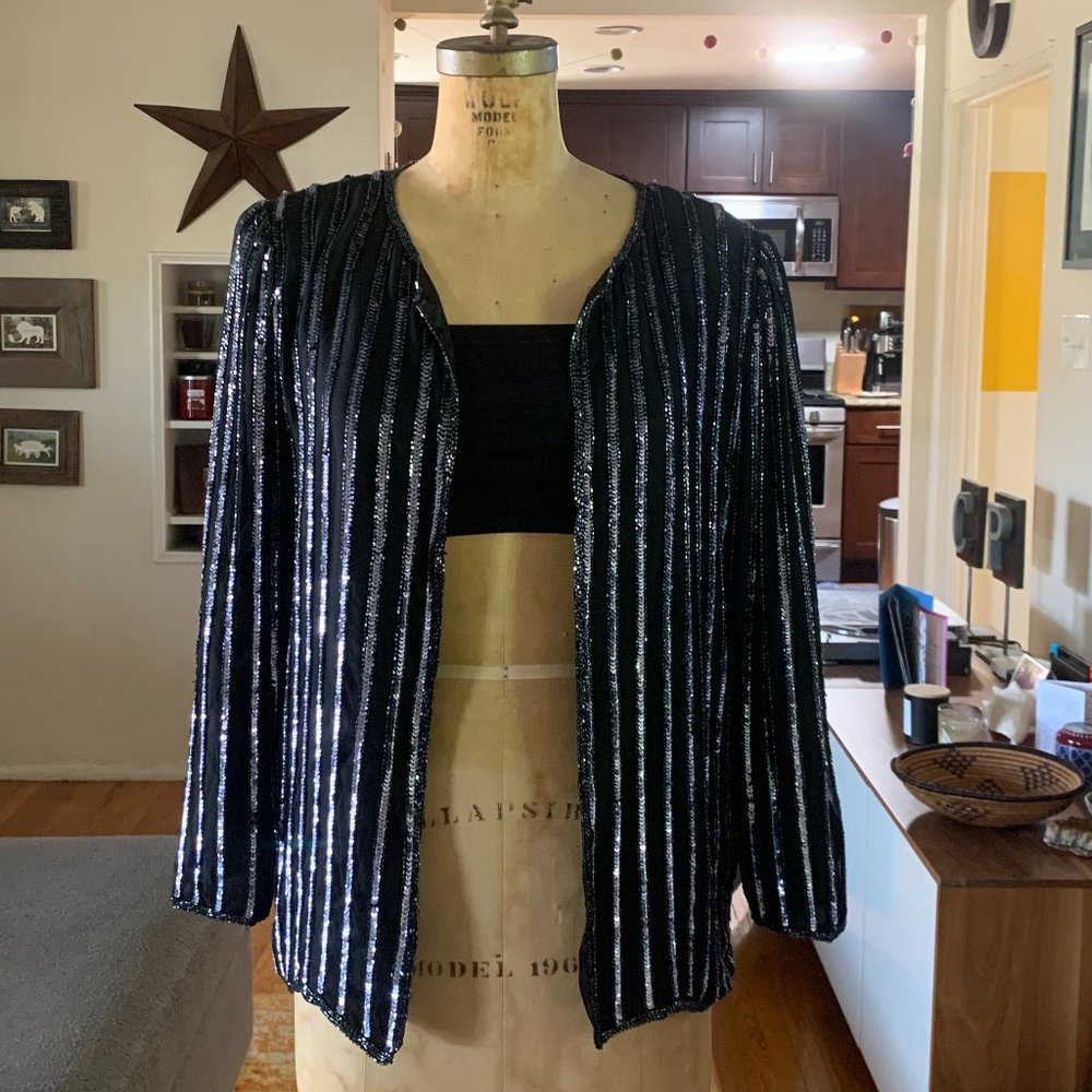 Vintage 80's Silky Nites 100% Silk Black Sequined Womens Evening Jacket